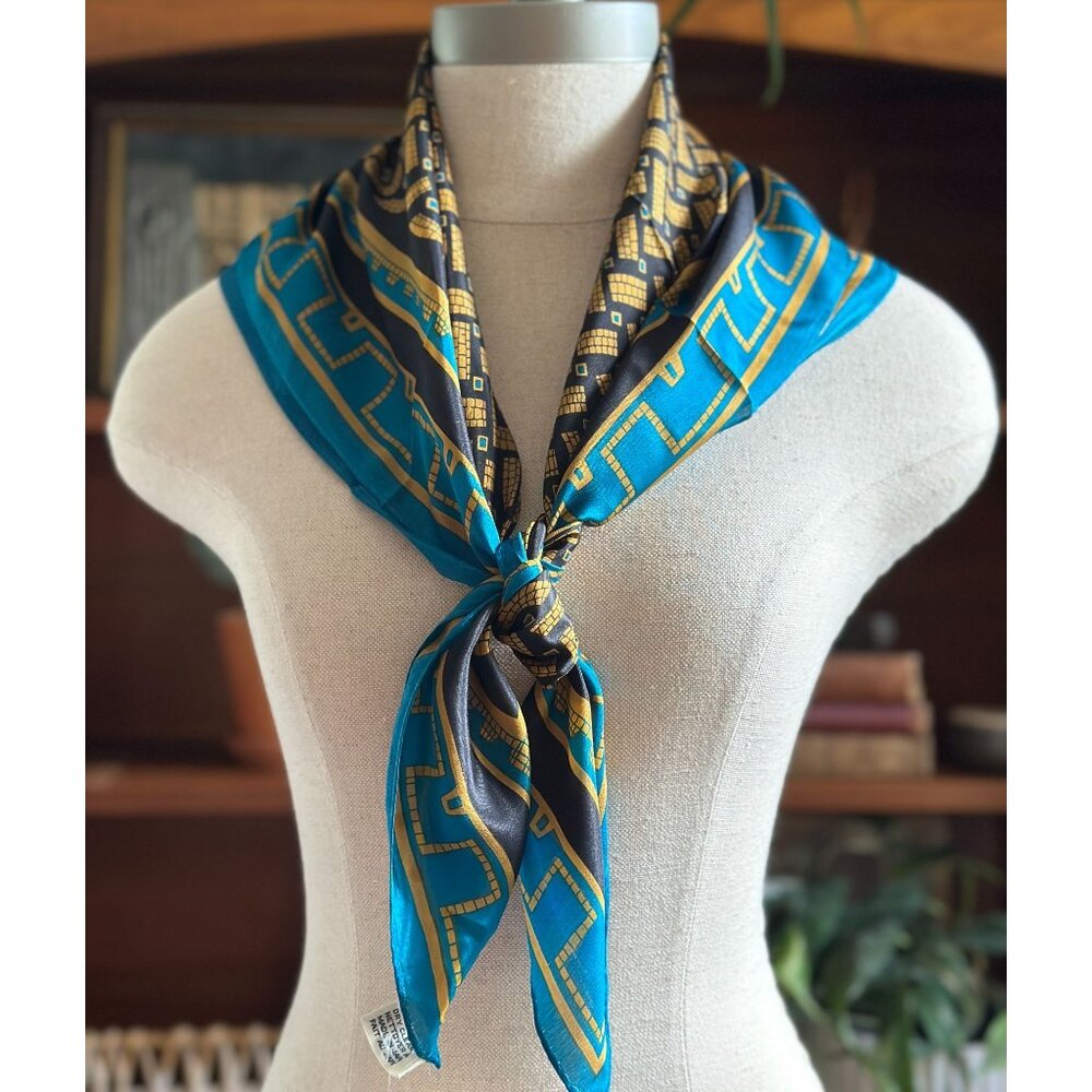Vintage Vera Neumann Geometric Silk Scarf in Turquoise, Black & Gold New Old Sto